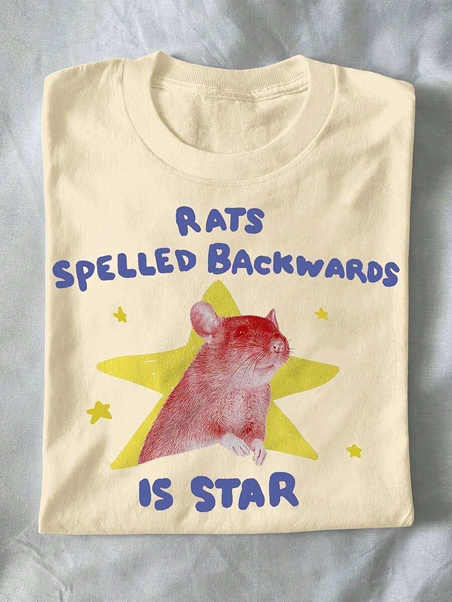 Unisex T-Shirt With Mouse Design And The Phrase "Rats Spelled Backwards Is Star", Funny Animal-Themed T-Shirt, Mouse-Themed Gift, Quirky T-Shirt, Alternative T-Shirt, Resonant T-Shirt, New Spring/Summer 2026 Collection, Suitable For Everyday Outdoor Use - Lightweight And Soft Fabric. - 杏色 - 查看 1