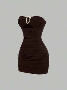 Vestido mini ajustado y sexy sin tirantes con hebilla de metal para mujer - Marrón Mocha - Ver 1