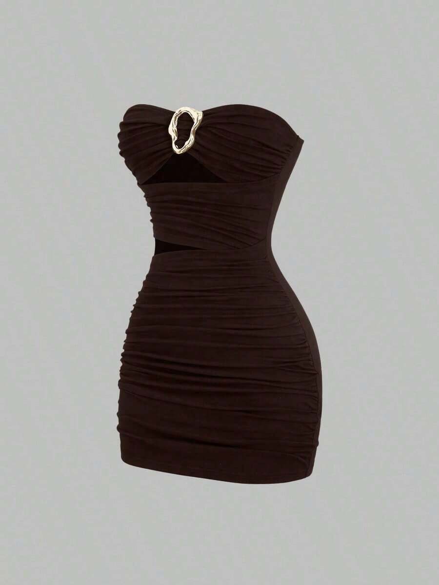 Vestido mini ajustado y sexy sin tirantes con hebilla de metal para mujer - Marrón Mocha - Ver 1