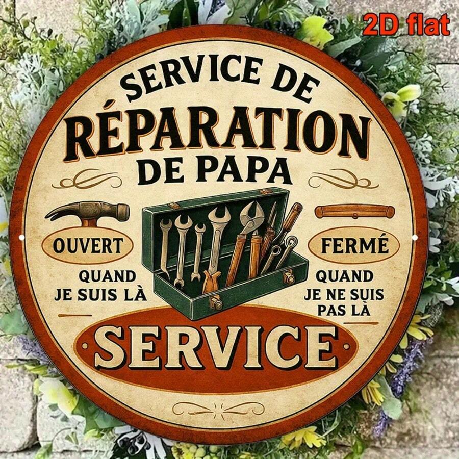 1件 2D平面 8*8英吋圓形法式鐵製標牌，復古裝飾牌，主題為「Dad's Repair Service」，復古維修店裝飾，適用於車庫、工作室、酒吧、咖啡廳、餐廳、居家牆面，預鑽孔，款式如尺寸圖所示 - 多色 - 查看 1