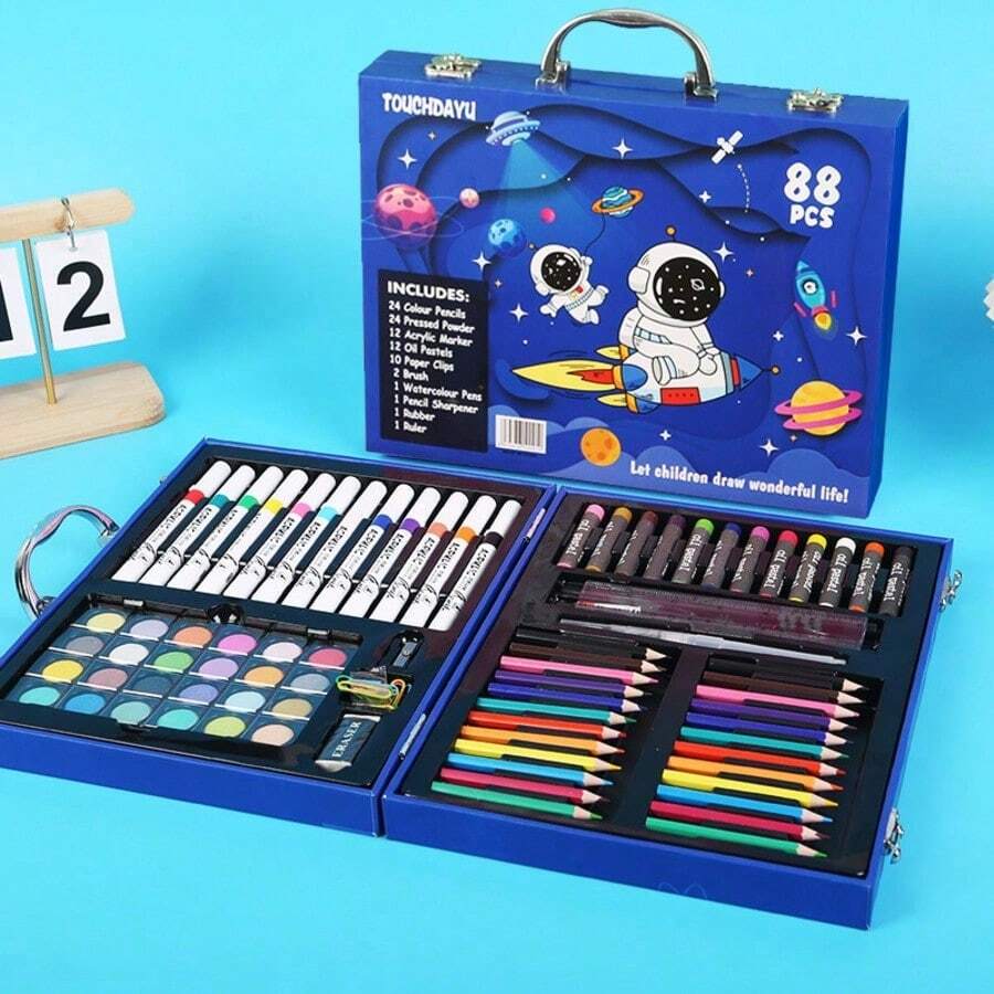 88-Piece Gift Box Art Set With Oil Pastels, Colored Pencils, And Markers. Works On Paper, Fabric, Wood, Glass, Rocks. Perfect For Students & Art Lovers-Great Back-To-School Or Birthday Gift. - Rectangle - View 1