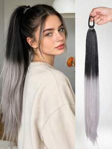 28 Inch Long Straight Synthetic Fiber Ponytail Hair Extensions, Braided Ponytail Extensions, Multi-Functional Elastic Band, Elegant Black Wig, Natural Soft Fiber, Suitable For Multiple Skin Tones - Multicolor - View 13