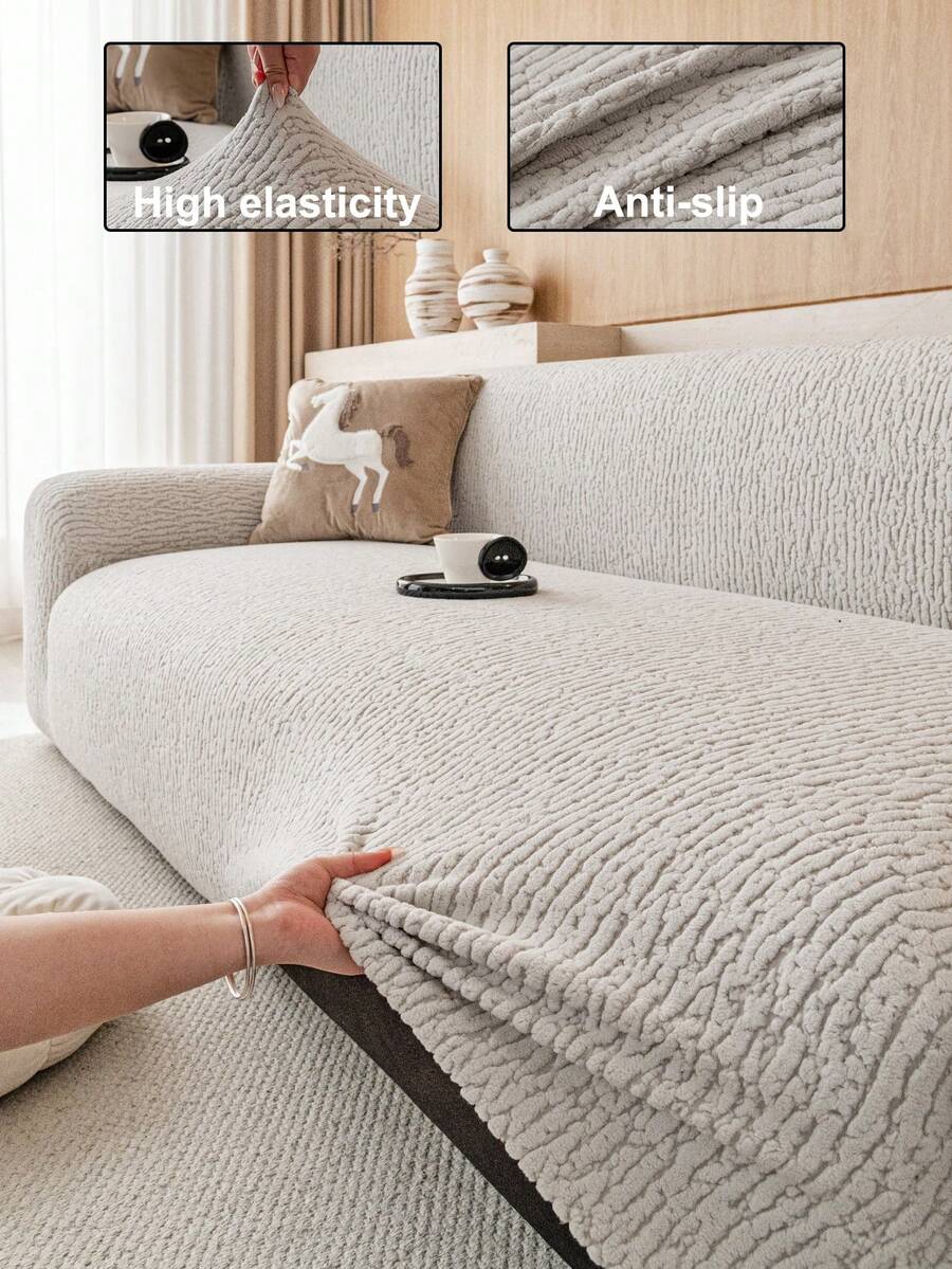1pc Plush Velvet Sofa Cover, Stretch Multi-Purpose Full Coverage Sofa Slipcover With Jacquard Design, Protect Sofa & Decorate For Holidays, Suitable For Sectional Sofa, Small Sofa, Straight Sofa - Light Grey - View 1