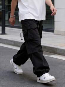 美式街头风黑色多口袋抽绳腰宽松直筒男士休闲裤 - 黑色 - 查看 6