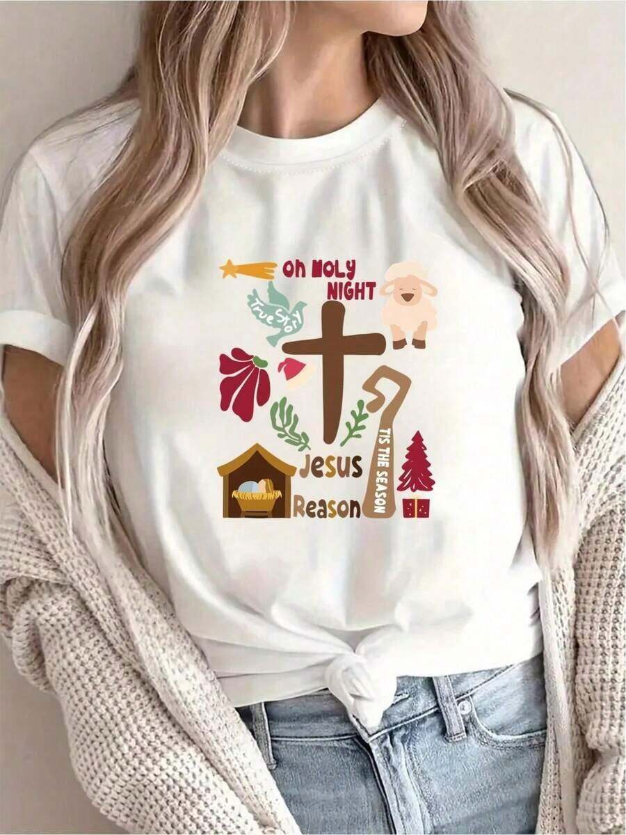 [Recomendación de Nueva Llegada] Camiseta estampada con temática navideña, ropa casual para mujer, ideal para vacaciones, manga corta con cuello redondo, primavera/verano, lavable a máquina, ropa nueva para mujer, versátil para salir, efecto adelgazante, camiseta deportiva para mujer, camiseta casual para mujer. Blusas Bonito 100% Algodón - Blanco - Ver 1