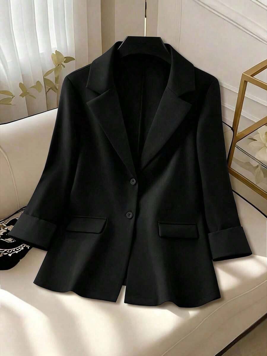 Clasi Chaqueta ligera de estilo casual de negocios para mujer, con cuello de solapa, apta para el lugar de trabajo, de unicolor, para primavera/otoño - Negro 2 - Ver 1