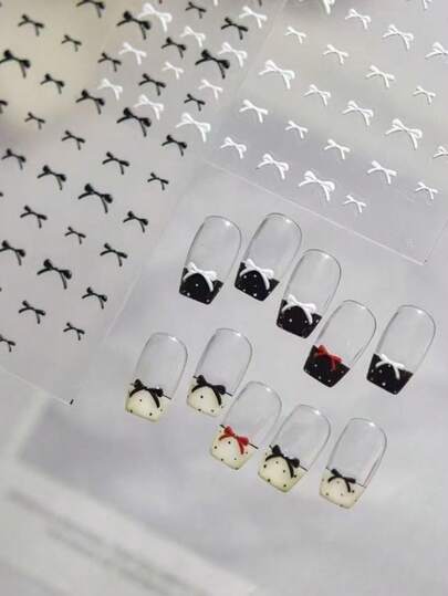 1pc Korean Minimalist Bowknot Nail Stickers, Black & White Versatile Design, With Embossed 3D Texture, Easy To Create French Manicure Sweet & Cool Style. Suitable For Beginners, Pair With Polka Dot French Nails For Gentle & Elegant Look, Suitable For Daily, Commute And Dates, A Slouchy Person's Savior To Upgrade Nail Sophistication.