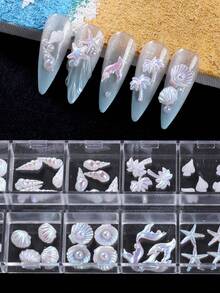 12件裝美人魚白色海洋貝殼海星珍珠海螺全息極光美甲飾品 樹脂美甲DIY裝飾配件 - 彩色 - 查看 7