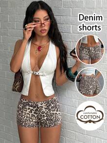Quần short denim nữ màu trơn đa năng kiểu Y2K, có nút và túi, khóa kéo, thích hợp cho các hoạt động thường ngày, đi làm, phong cách học sinh, mùa hè. - Beo - Xem 1
