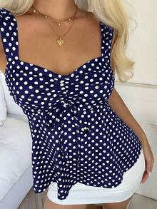 Nueva Colección Primavera/Verano 2026 para Mujer: Blusa/Top sin Mangas con Volantes y Cordón Ajustable, Estampado de Lunares Amarillo Buttercup y Marrón, Estilo Casual y Versátil, Top de Verano - Azul Marino - Ver 6