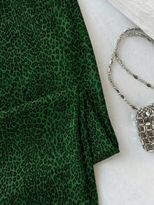 Pantalones anchos de pierna negros con diseño de estampado de leopardo retro elegante, pantalones rectos con cintura elástica con cordón, uso casual, vuelta al colegio - Verde - Ver 5