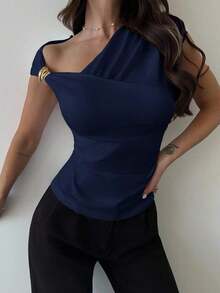 Camiseta blanca ajustada con hombro asimétrico, cintura fruncida, para mujer.Atuendo modesto y elegante para uso diario, playa, aeropuerto, vacaciones, trabajo como maestra. - Azul marino 2 - Ver 4