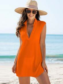 Swim Vcay Cubierta sólida de color para mujer con escote en V profundo para bodas - Naranja - Ver 3