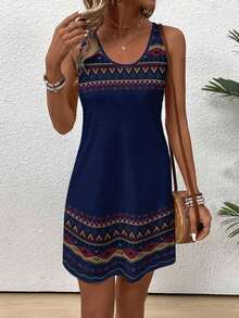 Vestido casual de mujer sin mangas con estampado geométrico - Azul marino - Ver 4