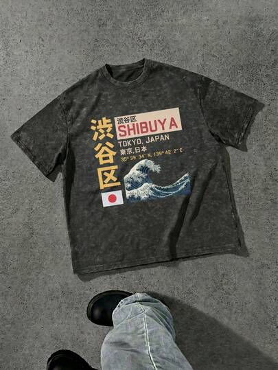  FRACTYR 男士夏季休闲街头风做旧原宿浮世绘印花图案T恤，柔软亲肤宽松圆领短袖T恤，复古美式街头风和日式风格