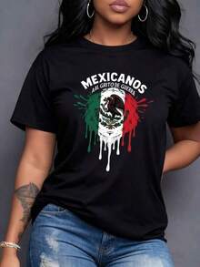 Bandera de México con águila y serpiente sobre nopal el lema 'MEXICANOS AAL GRITO DE ' efecto goteante simbolizando cultura y patriotismo Camiseta de mujer 100% algodón suave cómoda para verano - Negro - Ver 1