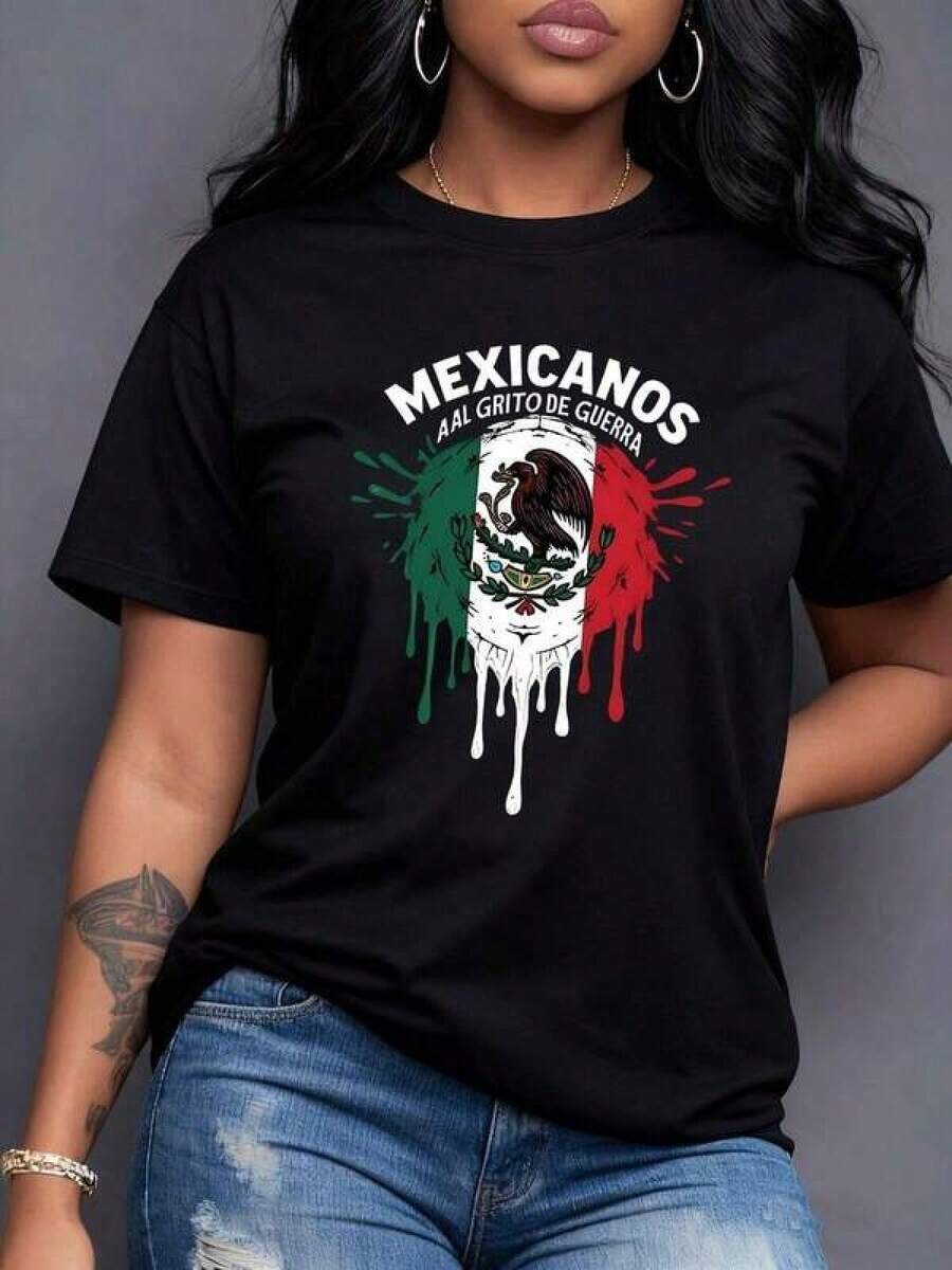 Bandera de México con águila y serpiente sobre nopal el lema 'MEXICANOS AAL GRITO DE ' efecto goteante simbolizando cultura y patriotismo Camiseta de mujer 100% algodón suave cómoda para verano - Negro - Ver 1
