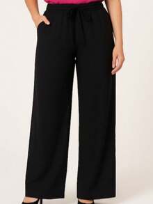 Casual Wide-Leg Pants, Knit Fabric, None, Pants, Office, Holiday - 黑色 - 查看 3