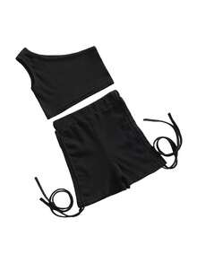 2 Pieces Kids Suit Set, Solid Color One Shoulder Sleeveless Tops+ Shorts with Drawstring for Toddler Girls, 2-10 Years - Negro - Ver 6