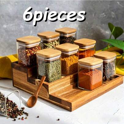 6pcs 5oz Glass Spice Jars Set With Natural Bamboo Lids - Perfect For Storing Tea, Coffee, Spices, Airtight Containers, Food Storage Canisters, Empty Mini Condiment Jars, Ideal For Spices, Salt, Sugar, Great Kitchen Organizer And Party Supplies