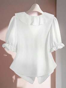 Blusa casual con cuello en V, mangas con volantes y pétalos - Blanco - Ver 2