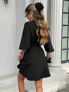 Vestido mini envolvente de unicolor con cuello en V para mujer - Negro - Ver 2