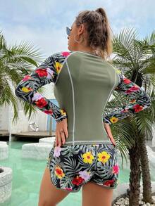 Swim Lushore Camiseta de baño de manga larga con estampado tropical y cuello de barco para playa de verano - Verde militar - Ver 2