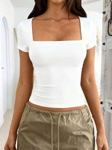 Camiseta de manga corta con cuello cuadrado de punto de unicolor, ajustada y sexy, estilo Y2K, para mujer Vaiaye, adecuada para actividades de primavera/verano y el Día de San Valentín - blanco grande - Ver 8
