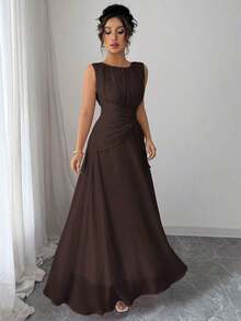 Vestido maxi casual, romántico, vintage y elegante de gasa para mujer con cordón en la cintura, para la playa, el té de la tarde, fiestas de noche, uso diario, sin mangas, de unicolor, vestido largo, primavera/verano - Marrón - Ver 7