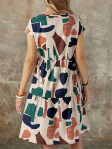 Vestido de mujer de manga corta con cuello redondo y estampado geométrico de verano - Multicolor 2 - Ver 2