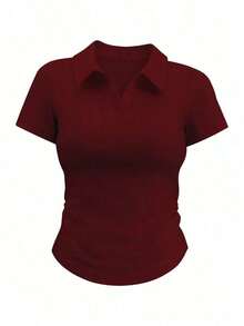Camiseta de manga corta minimalista de unicolor para mujer, uso casual de todos los días - Burdeos - Ver 7