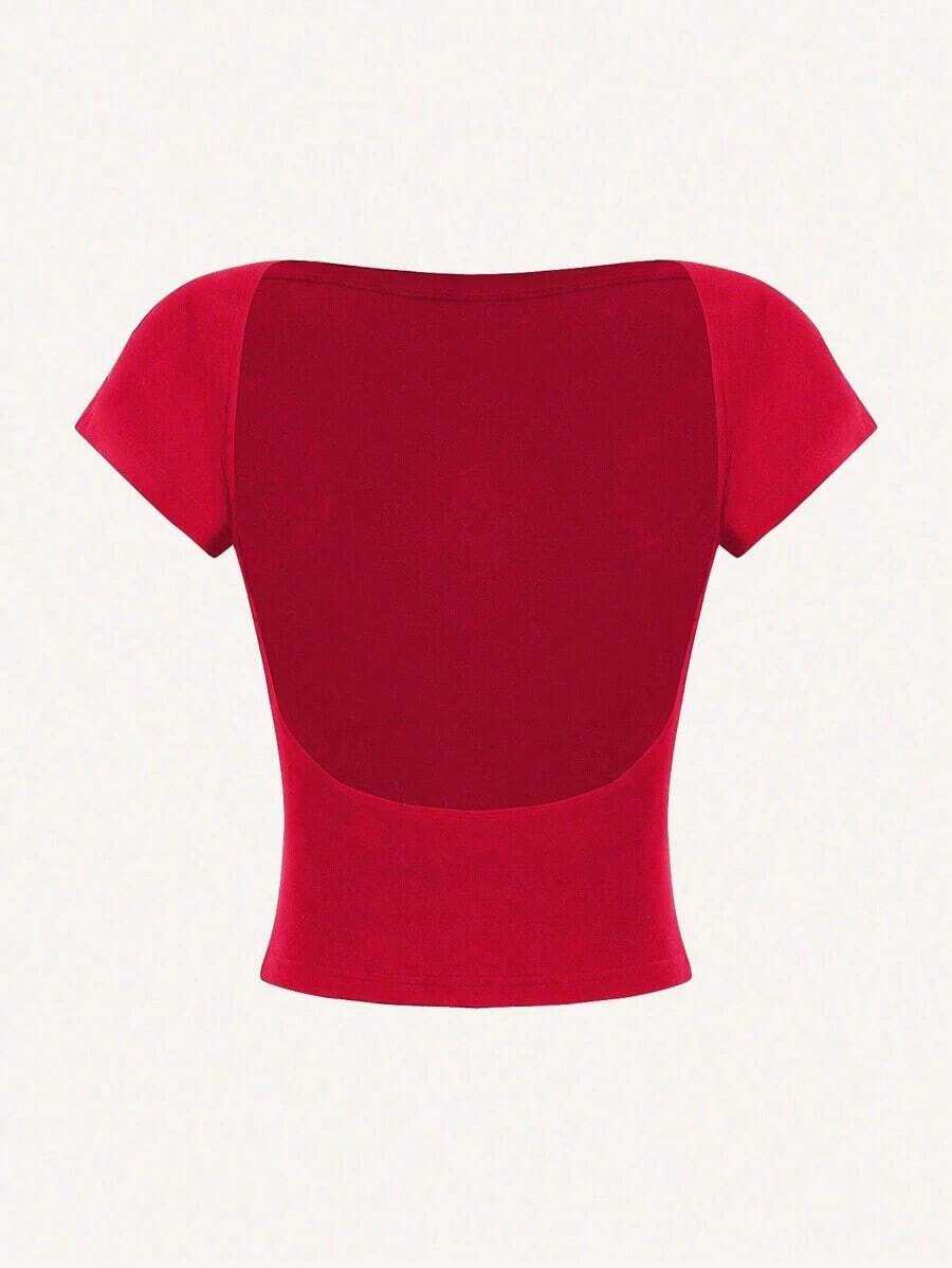 Camiseta casual de mujer de cuello de pico, manga corta y ajustada, versátil - Rojo - Ver 1
