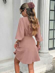 Vestido corto casual y de viaje con cuello en V y estampado de cuadros para mujer - Rosa vieja - Ver 2