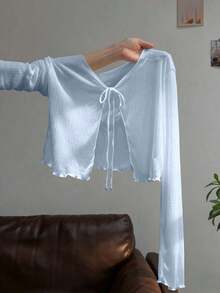 Vestido camisero con adorno de encaje, blusa de punto transparente de manga larga como cubridor para mujeres, para el verano - Celeste - Ver 8