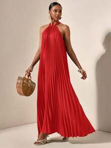 Vestido holgado de verano y primavera casual de vacaciones de cuello halter sin mangas con pliegues y bajo en A, color verde oscuro - vestido para mujer - Rojo - Ver 4