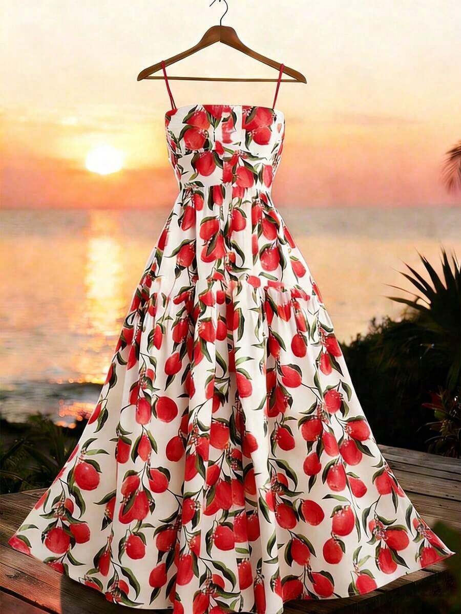 Vestido casual de mujer con estampado de limón sin mangas para vacaciones - Rojo - Ver 1