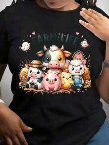 Unisex T-Shirt With A Printed Design Suitable For Streetwear. Oversized Round Neck Top For Daily Outings, Camping, Concerts, Hip-Hop, Rock, And Rap Events. Cute Cartoon Farm Animal Print For Farm Animal Lovers And Country Lifestyle Enthusiasts. - 黑色 - 查看 1