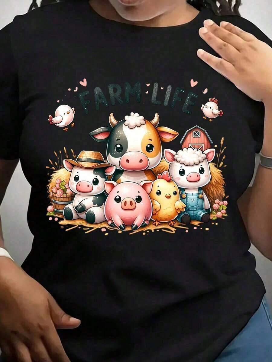 Unisex T-Shirt With A Printed Design Suitable For Streetwear. Oversized Round Neck Top For Daily Outings, Camping, Concerts, Hip-Hop, Rock, And Rap Events. Cute Cartoon Farm Animal Print For Farm Animal Lovers And Country Lifestyle Enthusiasts. - 黑色 - 查看 1