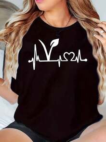 Camiseta de manga corta para mujer, cuello redondo, estampado de hojas y latidos del corazón, top casual de verano - Negro - Ver 1