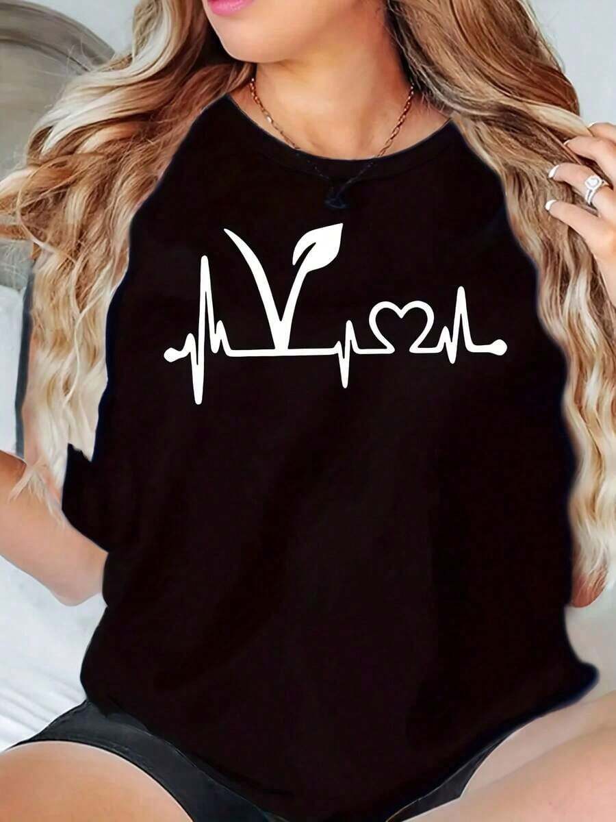 Camiseta de manga corta para mujer, cuello redondo, estampado de hojas y latidos del corazón, top casual de verano - Negro - Ver 1