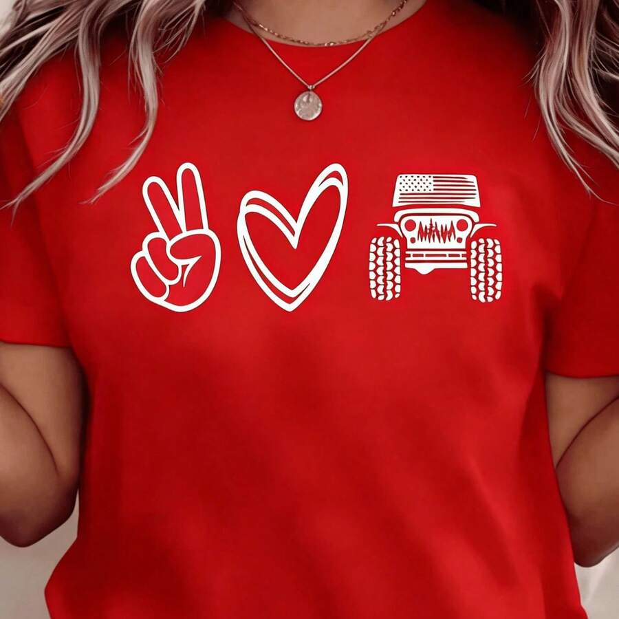 Women's Casual T-Shirt 2026 SUMMER Top, Print, Oversized Cotton T-Shirt, Soft And Breathable, Comfortable And Fitted Crew Neck, 220g, Loose And Comfortable, 100% Cotton, Durable - 紅色 - 查看 1