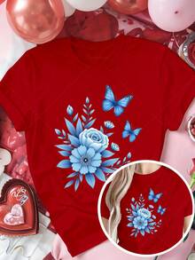 Classic Plus Size - Red T-Shirt, Suitable For Plus-Size Women, With A Blue Floral And Butterfly Design, Perfect For A Romantic Valentine's Day Look. This Short-Sleeved, Crew-Neck T-Shirt Is An Ideal Choice For Summer And Fall. A Bestseller. - 紅色 - 查看 7