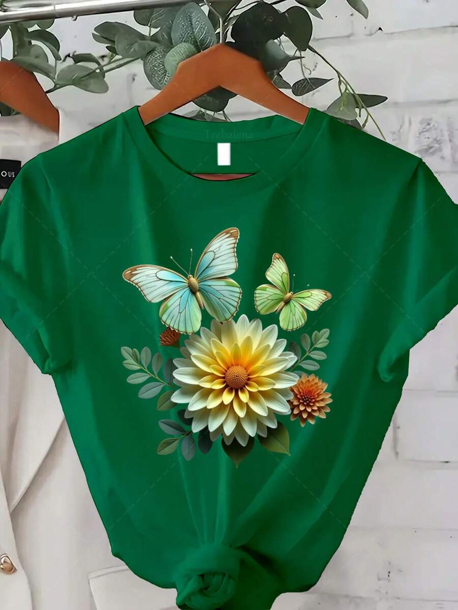 Women's Plus Size Classic T-Shirt With Butterfly Print - Casual Short Sleeve Crew Neck Top, Soft And Comfortable, Suitable For Summer And Autumn Wear, Ideal Gift For Thanksgiving/Christmas/New Year, Bestseller - 綠色 - 查看 1