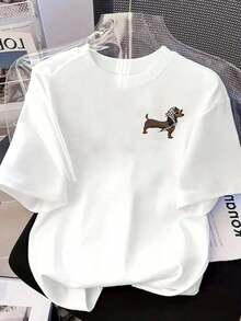 Plus Size T-Shirts For Women - Loose Fit Drop Shoulder T-Shirt, Casual Short Sleeve T-Shirts, Short Sleeve T-Shirt With Front And Back Print - Dog Style, Polka Dot Print Scarf - Spring/Summer Printed T-Shirt For Women, Fashionable Item, Versatile And Casual, Breathable And Comfortable. - 白色 - 查看 3