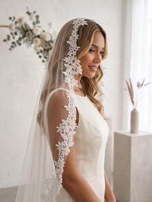 1pc Faux Pearl Bridal Veil, Fingertip Length, Bride Veil With Comb, White/Ivory Lace Trim,Festival,Birthday - Multicolor - View 1