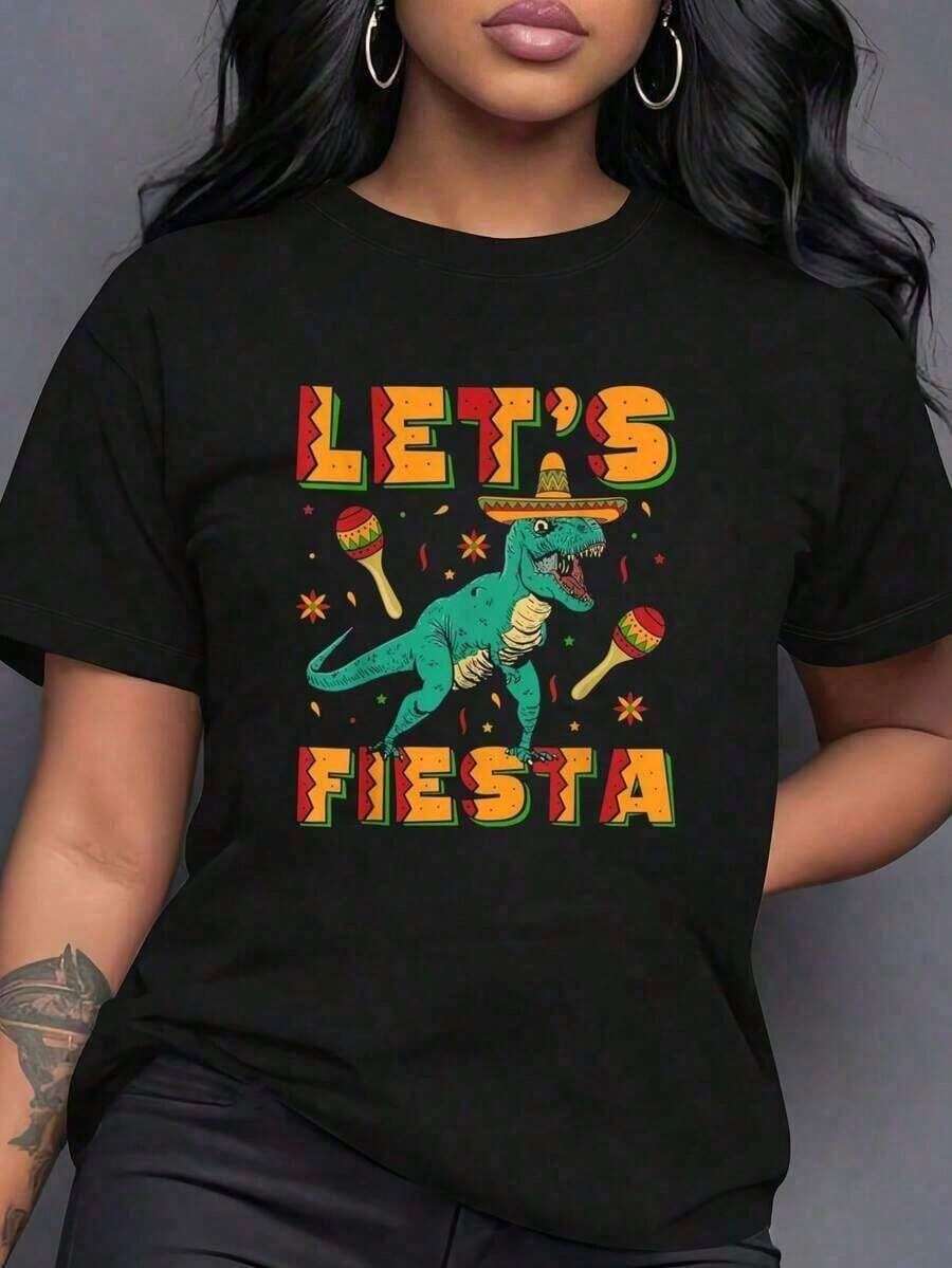 Tops para mujer de algodón de manga corta con cuello redondo y estampado de dinosaurio 'Let's' para mujer, top casual y lindo para fiestas con tela de alta elasticidad. - Negro - Ver 1