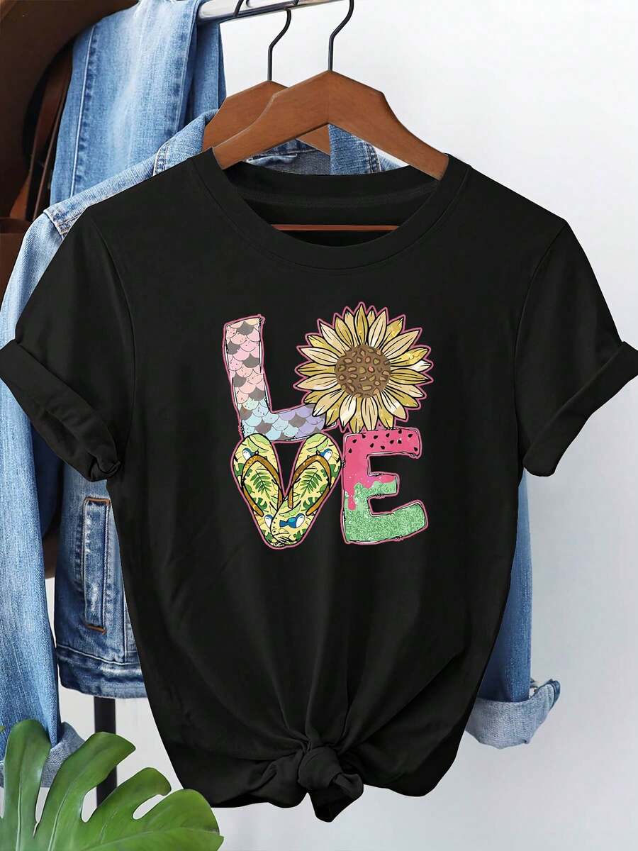 Camiseta de talla grande para mujer con estampado gráfico de girasol y LOVE, manga corta y cuello redondo, top casual para verano y primavera, ropa de mujer - Negro - Ver 1