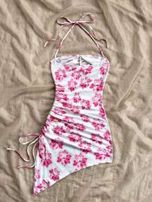 Vestido ceñido con estampado floral romántico de color rosa sobre base blanca, con dobladillo asimétrico, cuello halter y lazo, para vacaciones, playa, estilo occidental, festivales, verano, estilo bohemio - Vestidos de verano para mujer - Multicolor 2 - Ver 2