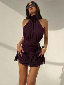 Vestido mini con cintura ceñida, volantes en el bajo y lazo en la espalda, para el Día de San Valentín - Morado - Ver 8