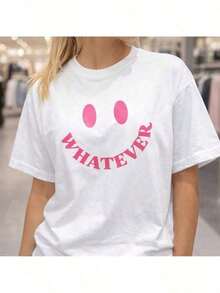 Camiseta suave 100% algodón, informal, a la moda, talla grande para mujer, con estampado de cara rosa. | Blanco, cuello redondo, estilo casual, adecuado para uso diario, regalos de cumpleaños, Halloween o como camiseta conmemorativa para amigos o seres queridos, entrega rápida, cómoda, corte holgado. Modelo nuevo 2026, estilo de ropa de vacaciones para mujer, ropa de verano, atuendo para conciertos, ropa para conciertos de estilo country, camiseta de algodón transpirable, combina con todo. - Blanco - Ver 7